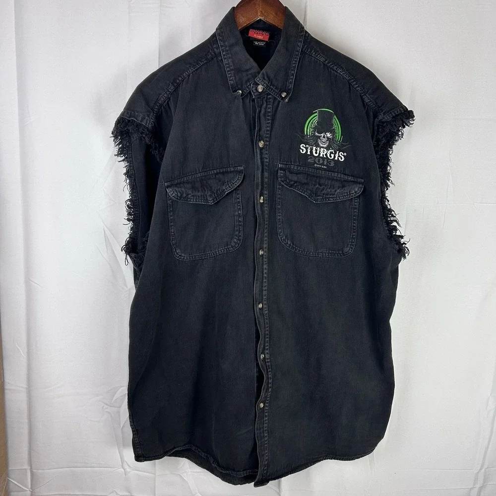STURGIS - 2013, 73rd Annual Black Hills Rally Metal Black Cut-Off Denim Vest 3XL